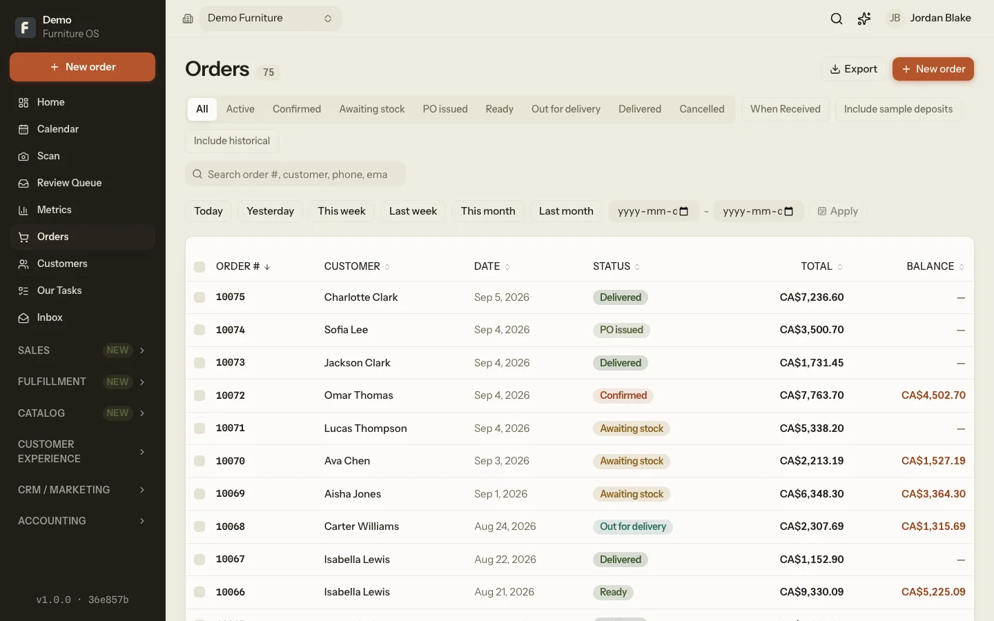The quote workspace: a configured sofa with cover and option pricing and a live total