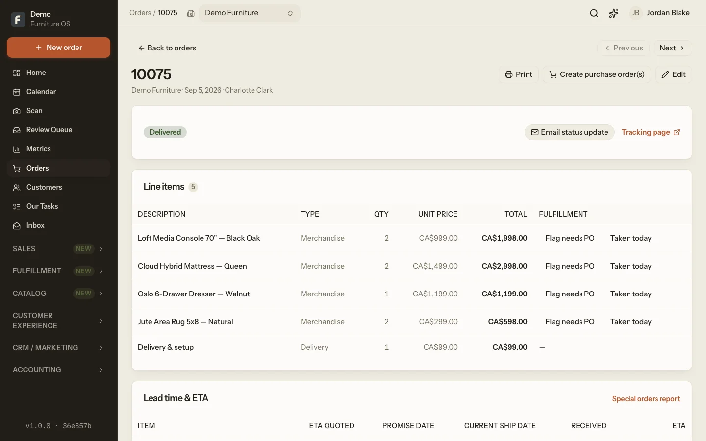 The review queue: a scanned sales bill with extracted lines waiting for approval